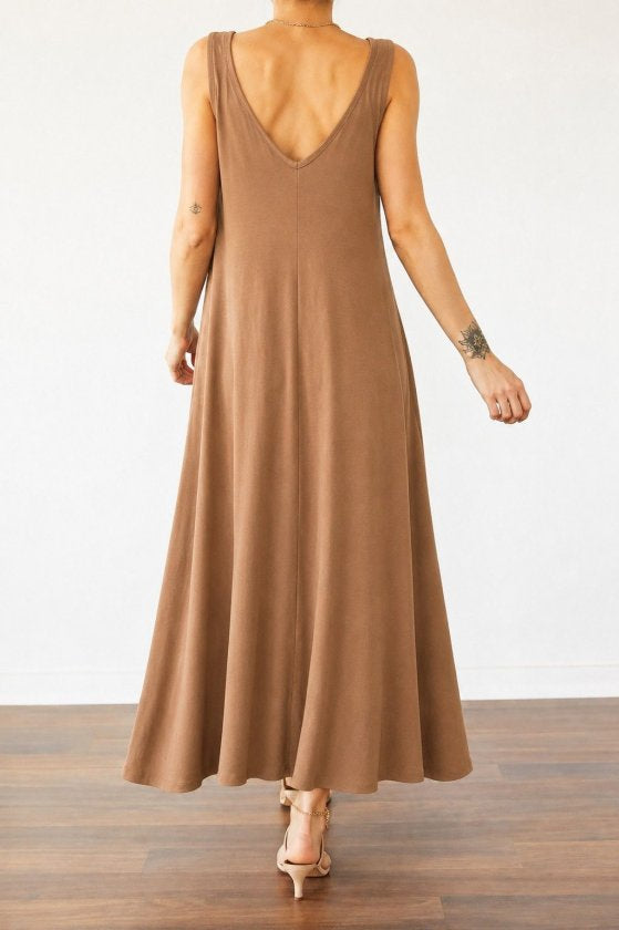 Rochie Maxi Femei cu Bretele, Decolteu în V, Detaliu Inel și Croi Asimetric, din Viscoză, 37015