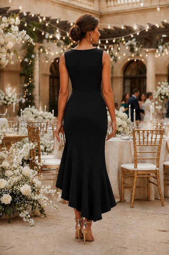 Rochie Lungă din Crep Importat fără Mâneci, Gât Rotund, Volane Asimetrice pe Frunză, 37035
