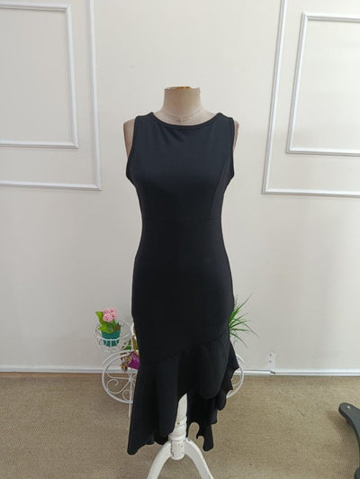 Rochie Lungă din Crep Importat fără Mâneci, Gât Rotund, Volane Asimetrice pe Frunză, 37035