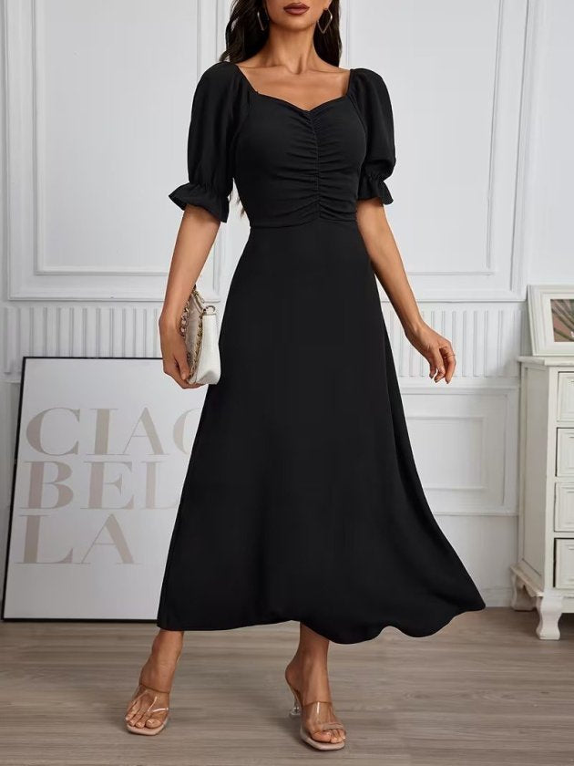 Rochie Lungă din Crep Importat cu Gât V, Mâneci Scurte, Drapaj pe Frunză, 37041