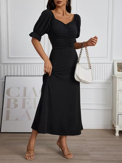 Rochie Lungă din Crep Importat cu Gât V, Mâneci Scurte, Drapaj pe Frunză, 37041