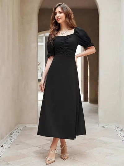 Rochie Lungă din Crep Importat cu Gât V, Mâneci Scurte, Drapaj pe Frunză, 37041