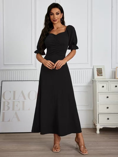 Rochie Lungă din Crep Importat cu Gât V, Mâneci Scurte, Drapaj pe Frunză, 37041