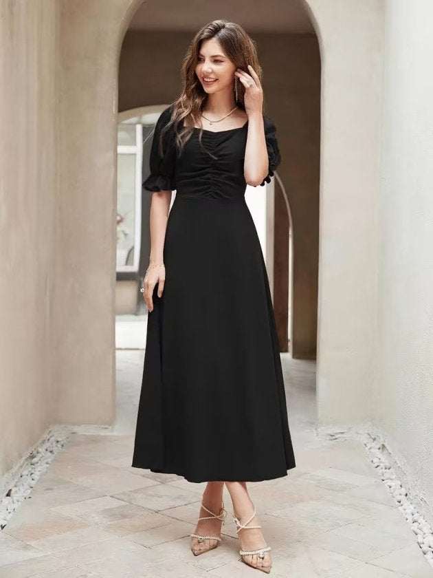 Rochie Lungă din Crep Importat cu Gât V, Mâneci Scurte, Drapaj pe Frunză, 37041