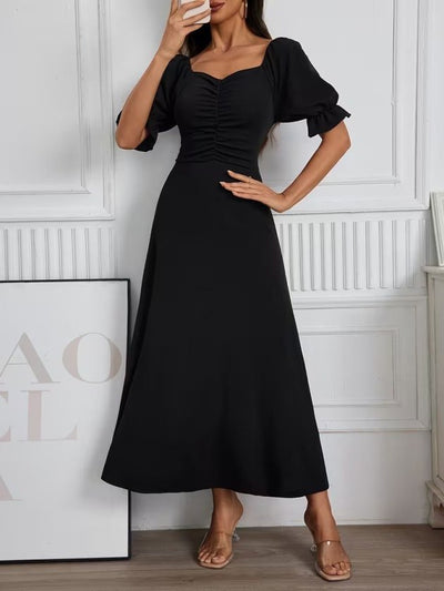 Rochie Lungă din Crep Importat cu Gât V, Mâneci Scurte, Drapaj pe Frunză, 37041
