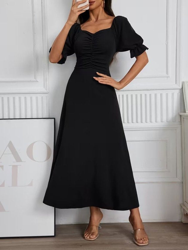 Rochie Lungă din Crep Importat cu Gât V, Mâneci Scurte, Drapaj pe Frunză, 37041