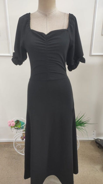 Rochie Lungă din Crep Importat cu Gât V, Mâneci Scurte, Drapaj pe Frunză, 37041
