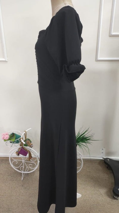 Rochie Lungă din Crep Importat cu Gât V, Mâneci Scurte, Drapaj pe Frunză, 37041