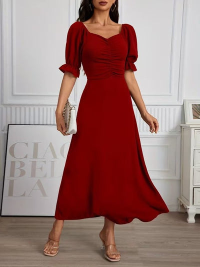 Rochie Lungă din Crep Importat cu Gât V, Mâneci Scurte, Drapaj pe Frunză, 37042