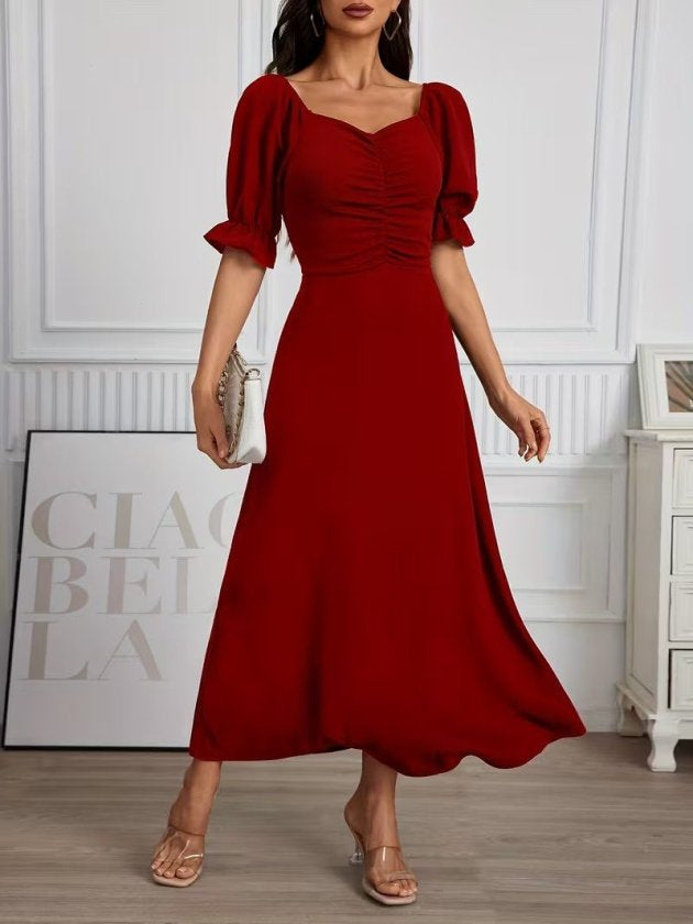Rochie Lungă din Crep Importat cu Gât V, Mâneci Scurte, Drapaj pe Frunză, 37042