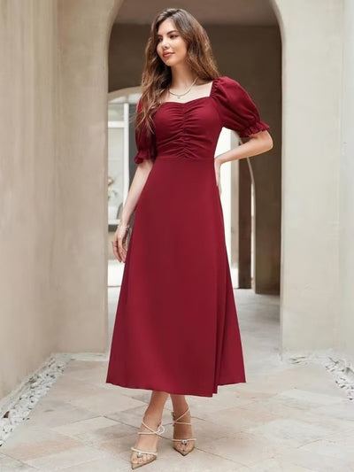 Rochie Lungă din Crep Importat cu Gât V, Mâneci Scurte, Drapaj pe Frunză, 37042