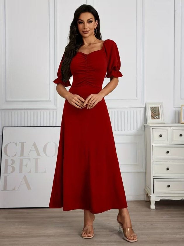 Rochie Lungă din Crep Importat cu Gât V, Mâneci Scurte, Drapaj pe Frunză, 37042