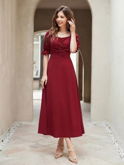Rochie Lungă din Crep Importat cu Gât V, Mâneci Scurte, Drapaj pe Frunză, 37042
