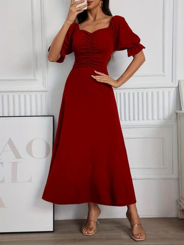 Rochie Lungă din Crep Importat cu Gât V, Mâneci Scurte, Drapaj pe Frunză, 37042