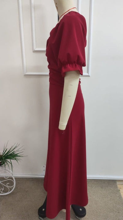 Rochie Lungă din Crep Importat cu Gât V, Mâneci Scurte, Drapaj pe Frunză, 37042
