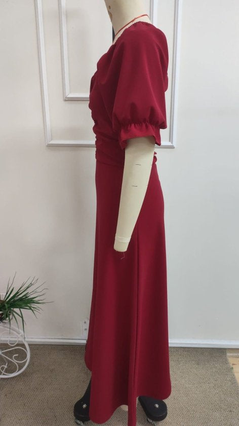 Rochie Lungă din Crep Importat cu Gât V, Mâneci Scurte, Drapaj pe Frunză, 37042