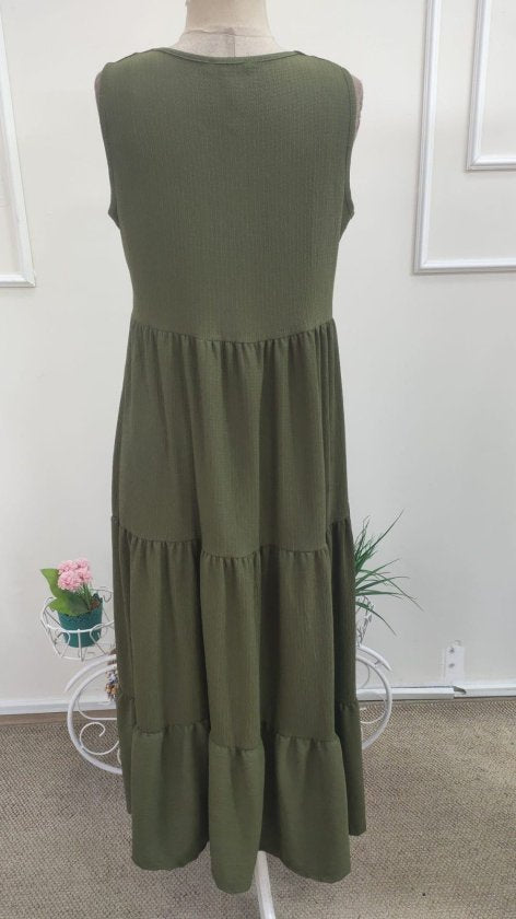Rochie Midi Coton Creponat cu Bretele, Decolteu în V și Nasturi pe Față pentru Femei, 37056