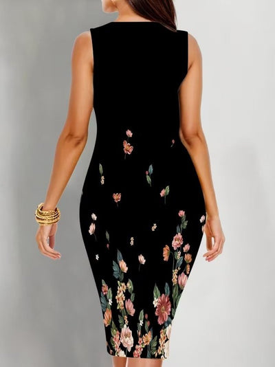Rochie Midi Vâlcoasă fără Mâneci, Gât cu Inel, Desenată, 37082
