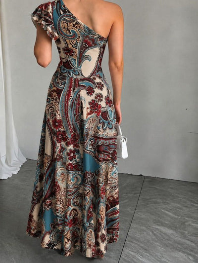 Rochie Lungă Desenată, Deschisă pe Umeri, cu Fermoar, 37091