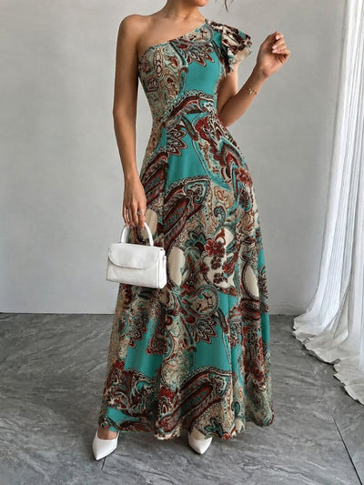 Rochie Lungă Desenată, Deschisă pe Umeri, cu Fermoar, 37091