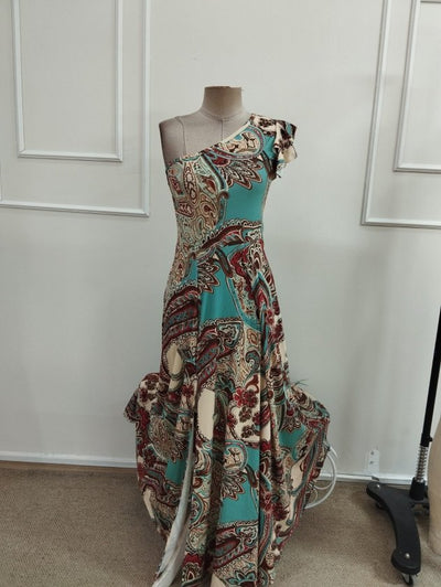Rochie Lungă Desenată, Deschisă pe Umeri, cu Fermoar, 37091