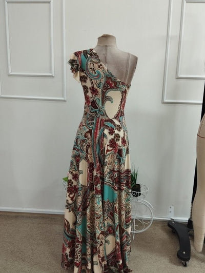 Rochie Lungă Desenată, Deschisă pe Umeri, cu Fermoar, 37091