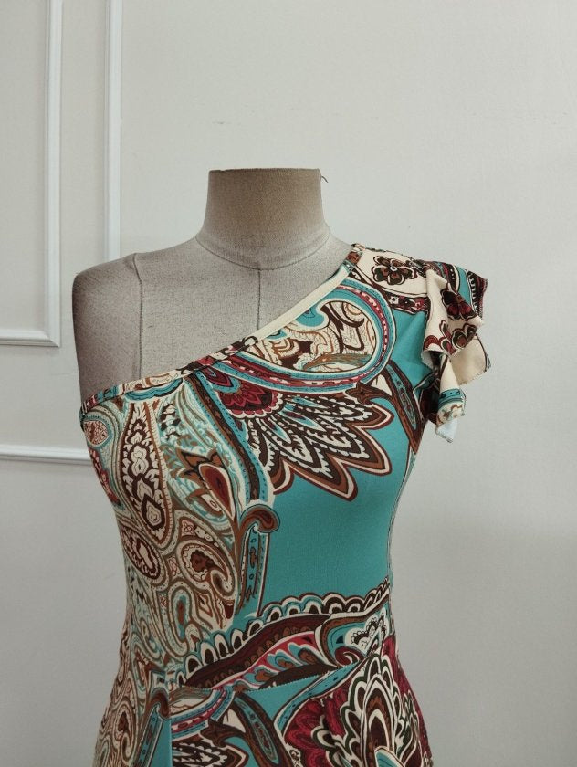 Rochie Lungă Desenată, Deschisă pe Umeri, cu Fermoar, 37091
