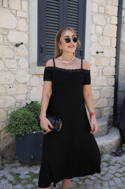 Rochie Midi Viscozë cu Spaghete, Mâneci Scurte, Gât cu Dantelă, 37092