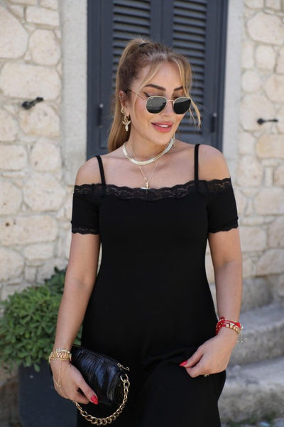 Rochie Midi Viscozë cu Spaghete, Mâneci Scurte, Gât cu Dantelă, 37092