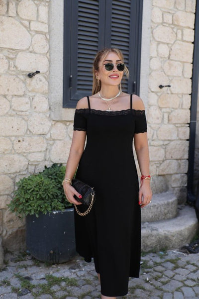 Rochie Midi Viscozë cu Spaghete, Mâneci Scurte, Gât cu Dantelă, 37092