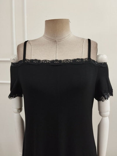 Rochie Midi Viscozë cu Spaghete, Mâneci Scurte, Gât cu Dantelă, 37092