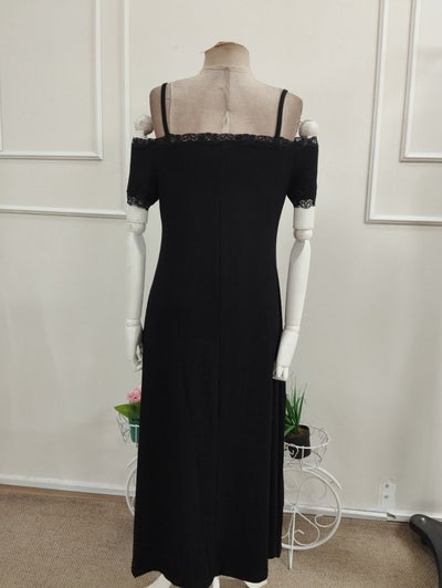 Rochie Midi Viscozë cu Spaghete, Mâneci Scurte, Gât cu Dantelă, 37092
