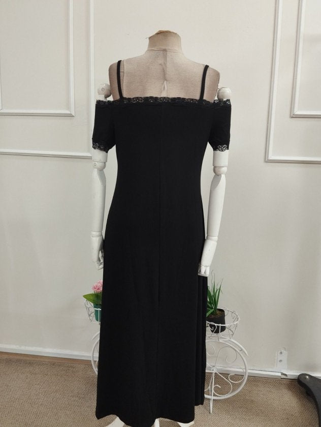 Rochie Midi Viscozë cu Spaghete, Mâneci Scurte, Gât cu Dantelă, 37092