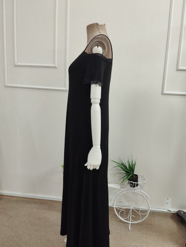 Rochie Midi Viscozë cu Spaghete, Mâneci Scurte, Gât cu Dantelă, 37092