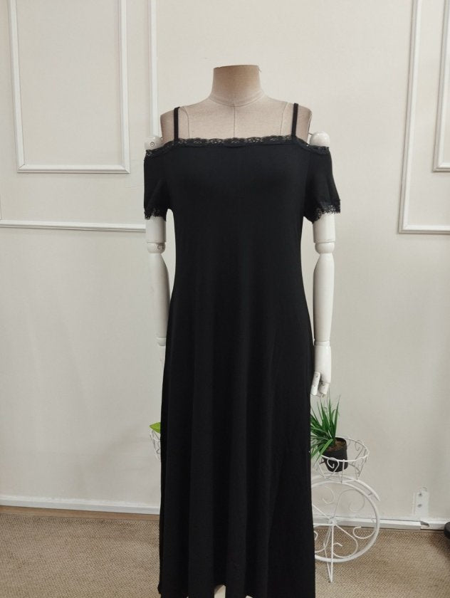 Rochie Midi Viscozë cu Spaghete, Mâneci Scurte, Gât cu Dantelă, 37092