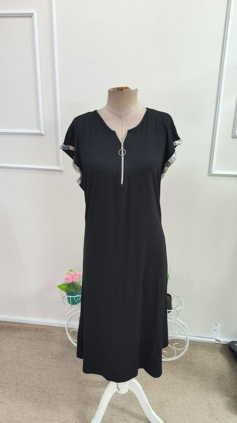 Rochie Midi Viscozë cu Mâneci Scurte, Fermoar la Gât, 37098