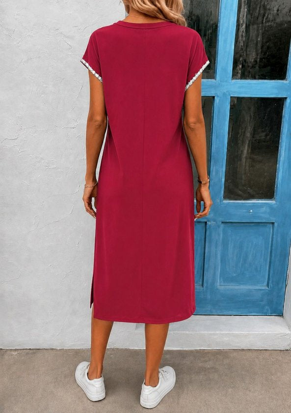 Rochie Midi Viscozë cu Mâneci Scurte, Fermoar la Gât, 37099