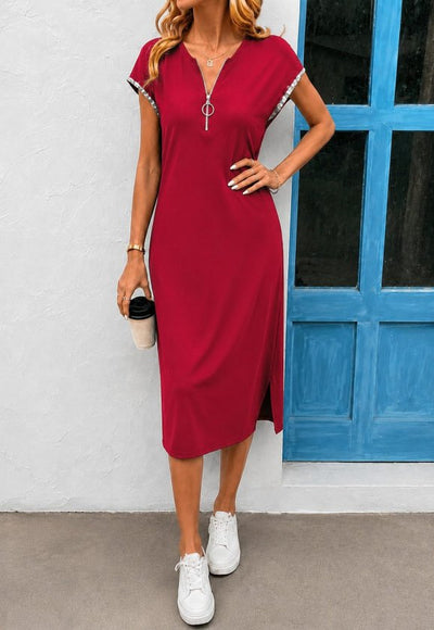 Rochie Midi Viscozë cu Mâneci Scurte, Fermoar la Gât, 37099