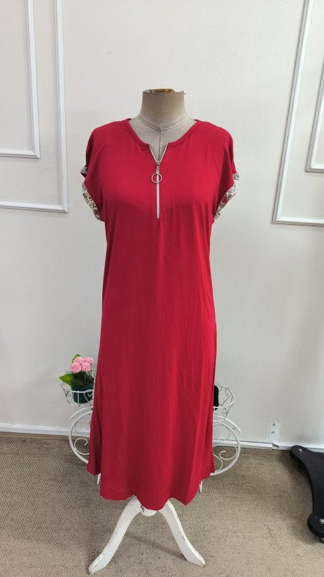Rochie Midi Viscozë cu Mâneci Scurte, Fermoar la Gât, 37099
