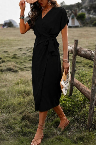 Rochie Midi Viscozë Țesută cu Gât Croisé, Mâneci Scurte, Fâșie la Talie, 37106