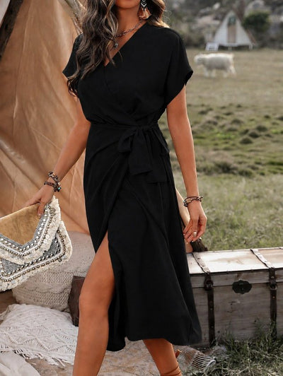 Rochie Midi Viscozë Țesută cu Gât Croisé, Mâneci Scurte, Fâșie la Talie, 37106