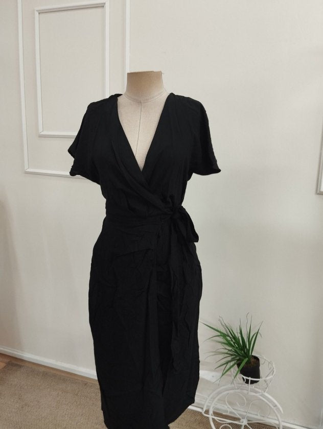Rochie Midi Viscozë Țesută cu Gât Croisé, Mâneci Scurte, Fâșie la Talie, 37106