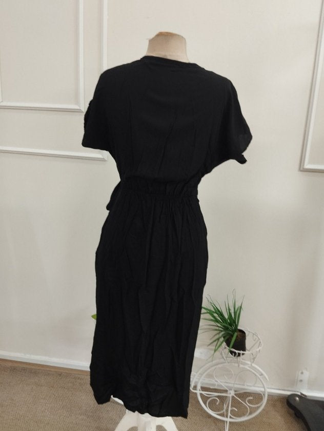 Rochie Midi Viscozë Țesută cu Gât Croisé, Mâneci Scurte, Fâșie la Talie, 37106
