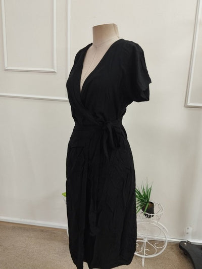 Rochie Midi Viscozë Țesută cu Gât Croisé, Mâneci Scurte, Fâșie la Talie, 37106