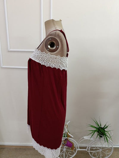 Cămașă de Noapte Viscozë Scurtă cu Spaghete, Gât cu Dantelă, 37116