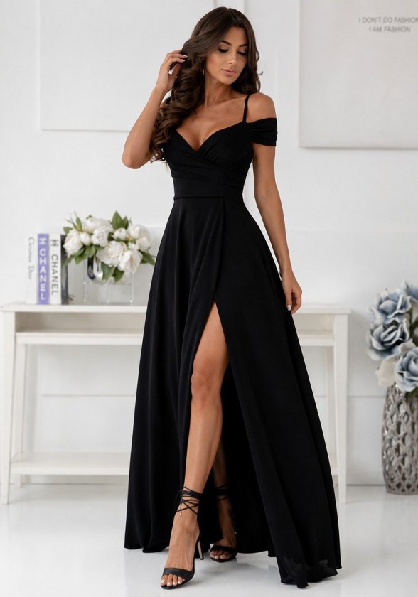 Rochie de damă Janjan tip crepe, cu guler încrucișat, bretele subțiri și umeri lăsați, 37121