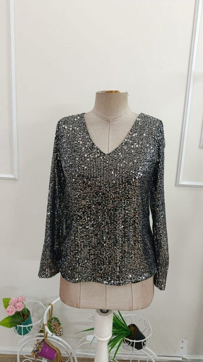 Bluză Pailieturi, Gât V, Mâneci Lungi, 37139