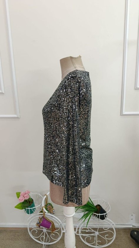 Bluză Pailieturi, Gât V, Mâneci Lungi, 37139