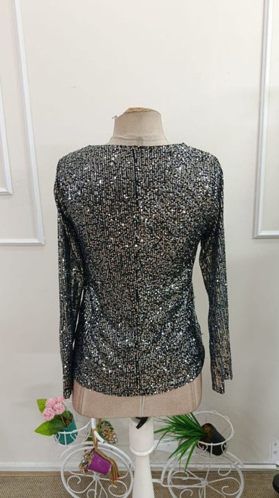 Bluză Pailieturi, Gât V, Mâneci Lungi, 37139
