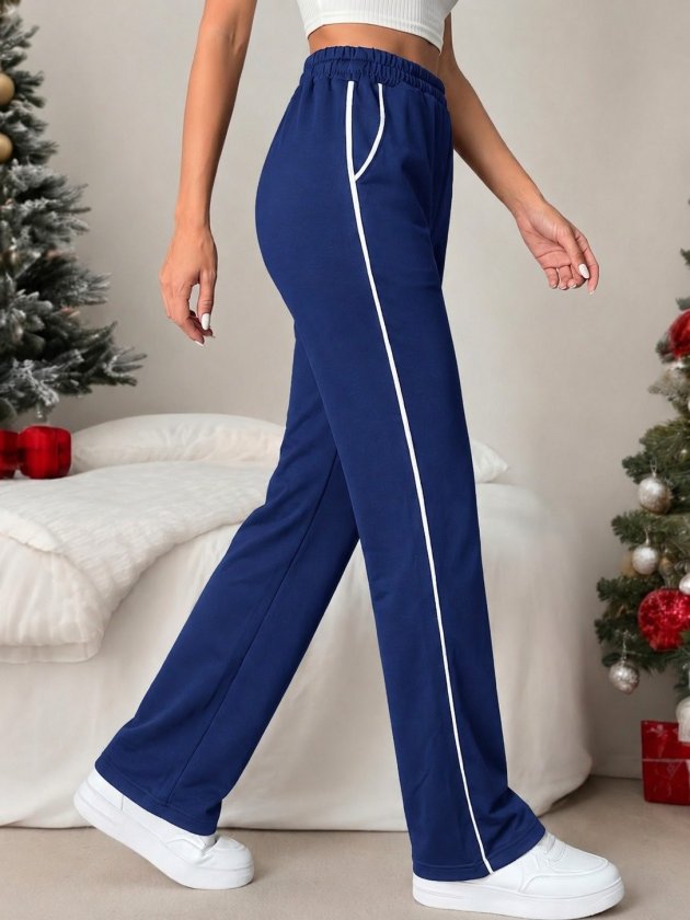 Pantalon de trening Viscon din doi fire pentru femei cu talie înaltă, detaliu benzi laterale, 37162